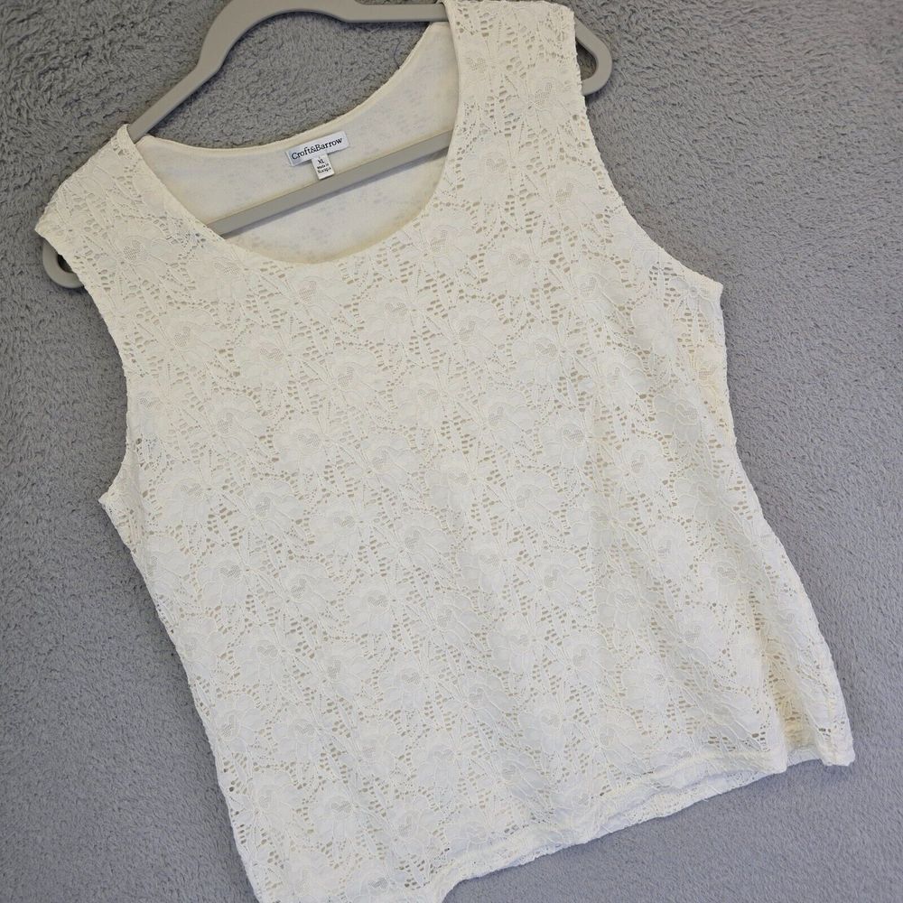 Croft and Barrow Top Womens XL Round Neck Floral Lace Overlay Preppy‎ Academia